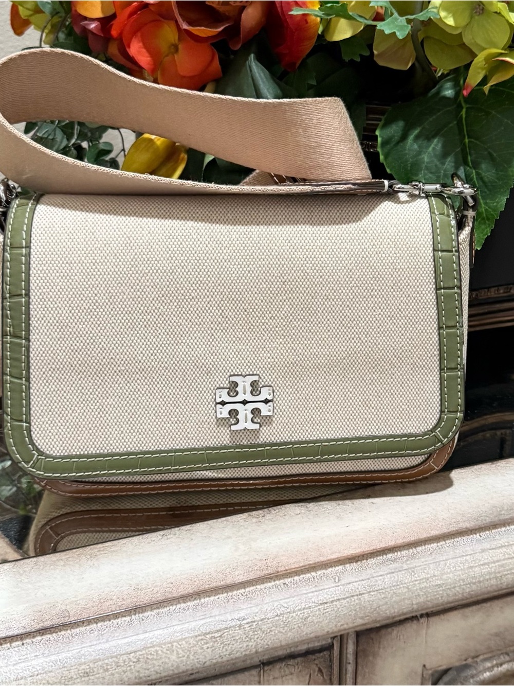 Tory Burch Cream Canvas Shoulder Bag with Olive Trim